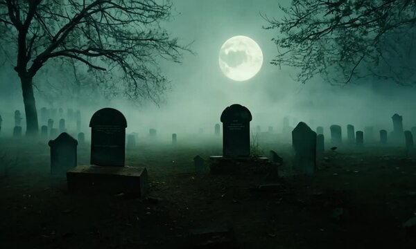 A graveyard at night with a full moon in the sky. The moon is shining brightly on the gravestones 4K Video