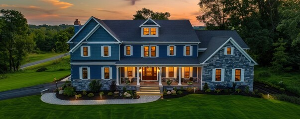 Professional drone shot of a luxury home with a spacious front porch, blue cladding, grey stone walls, pearl white shutters, lush green grass, and surrounding trees at sunset.