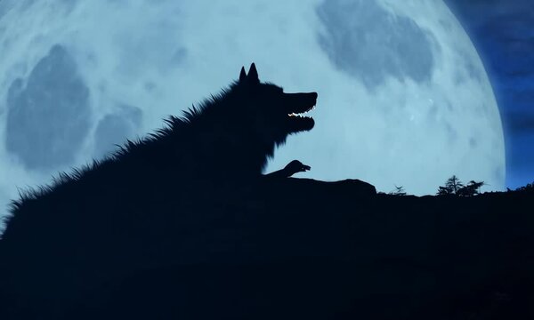 A wolf is laying on a hillside next to a full moon. The scene is dark and mysterious, with the wolf's silhouette against the moon creating an eerie atmosphere 4K Video