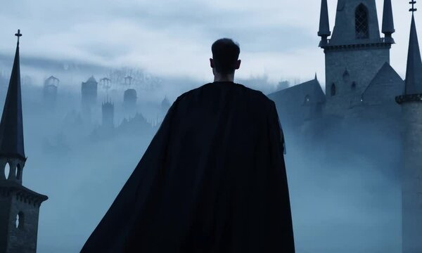 A man in a black cape stands in front of a castle. The castle is surrounded by a foggy, dark atmosphere 4K Video