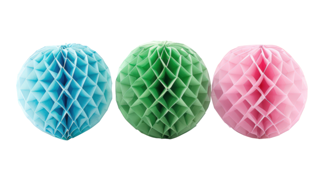 Collection Of Mixed Decorative Honeycomb Balls Pink Blue And Green For Festive Ads And Marketing isolated on transparent background. Generative ai