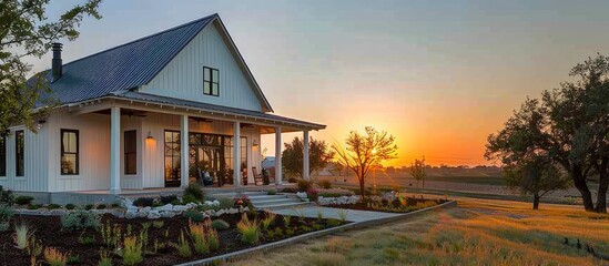 Side angle of a modern farmhouse during a breathtaking sunset, showcasing a spacious porch and meticulously landscaped front yard. The warm hues enhance the home's beauty.