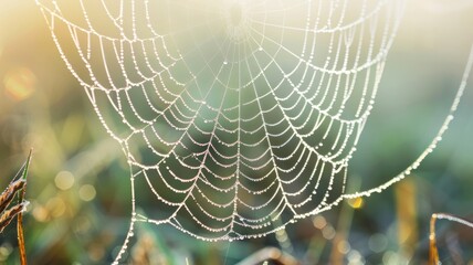 Dew-covered spider web glistening in sunlight, showcasing intricate details and natural beauty