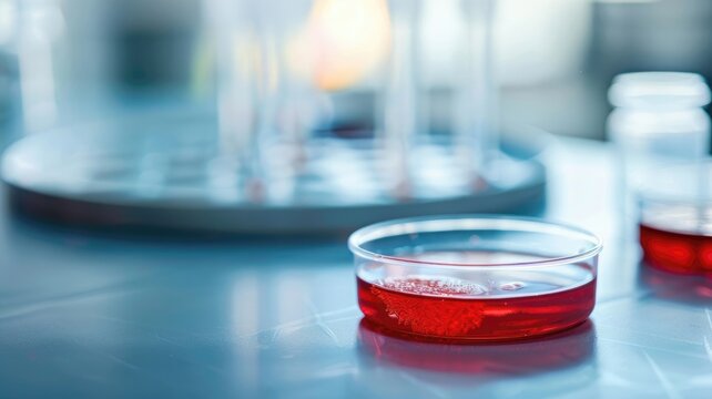 Close-up of lab petri dish containing red liquid, possibly culture medium