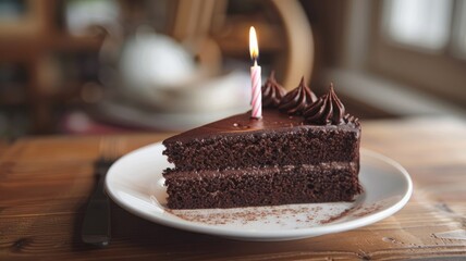 Slice of chocolate cake with single candle on plate