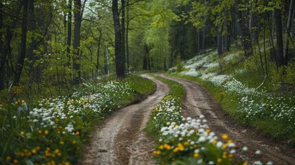 Obraz premium Popular mountain bike route on hilly terrain through winding countryside dirt roads in forest areas with tire tracks spring blooms vegetation on a cloudy day remote cycling route seasonal o