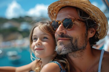 Obraz premium A father and daughter, both wearing straw hats and sunglasses, enjoy a day on a boat in the sun, capturing the essence of familial love, adventure, and summertime joy.