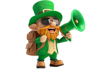 cute cartoon leprechaun in casual clothes and backpack and wear sunglasses hold megaphone isolated...