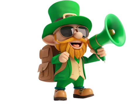cute cartoon leprechaun in casual clothes and backpack and wear sunglasses hold megaphone isolated transparent background