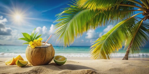 Obraz premium Tropical coconut cocktail on sandy beach with palm trees in background, beverage, tropical, coconut, cocktail, beach
