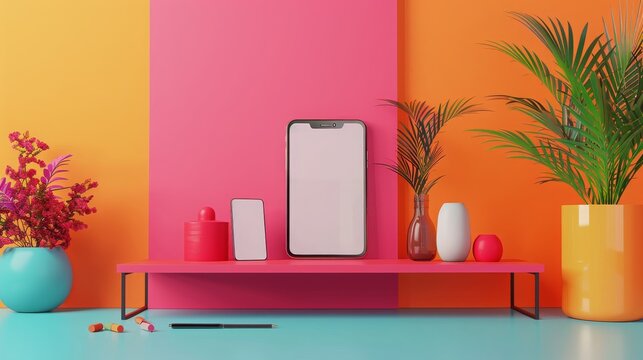 3D rendering of a plain online branding mockup design displayed on a vibrant color background, featuring a blank website page, mobile app screen, and business card