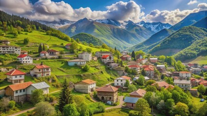 Fototapeta premium Panoramic view of mountain village Udabno in Georgia with beautiful landscape and cute houses, mountain village