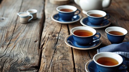 Assorted blue teacups with tea on rustic wooden table