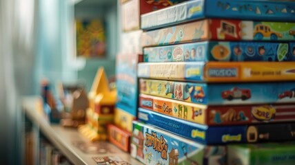 Stacked colorful board games on shelf, with wooden toys in background