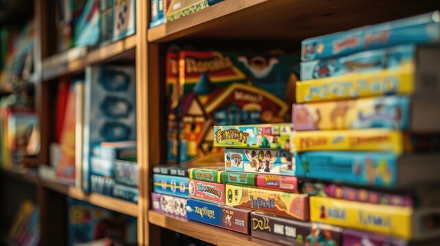 Shelves filled with colorful board games in cozy room