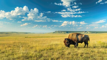 Fototapeta premium Bison grazing on open prairie under blue sky