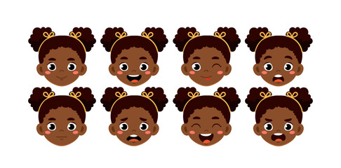 African girl heads set. Schoolgirl with different emotions. Pack of characters with various feelings. Design elements for creating animations. Flat vector collection isolated on white background