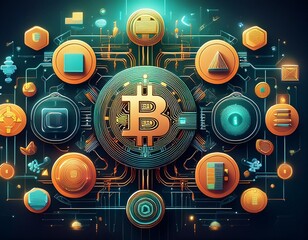 A colorful graphic of a Bitcoin symbol surrounded by various icons and shapes