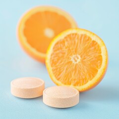 Fototapeta premium Essential Vitamin C Tablets with Fresh Oranges for Immune Boost Supplement Ingredients