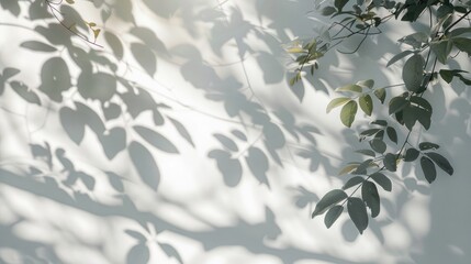 Blurred leaf shadows and light on white wall with tree branch overlay