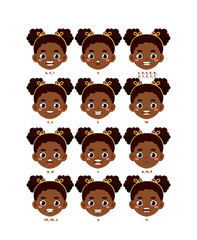Obraz premium African girl heads set. Schoolgirl with different letters. Pack of characters with alphabet. Design elements for creating animations. Flat vector collection isolated on white background