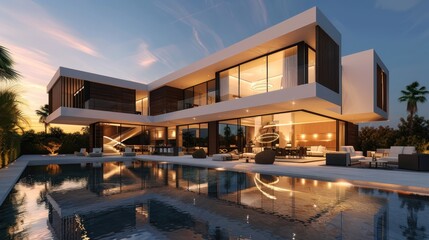 Obraz premium Stunning modern villa with luxurious architectural elements and a beautiful sunrise pool. Stunning, crisp, vivid, detailed, high-contrast, colorful, well-lit, sharp, realistic, and visually appealing