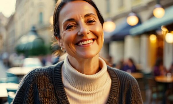 Close-up portrait video of a grinning woman in her 40s that is wearing a chic cardigan against a parisian or european cafe background