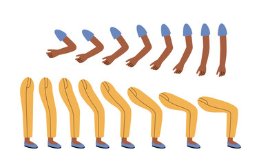 African woman legs and arms set. Feet and hands in casual clothes. Pack of legs in arms. Design elements for creating animations, custmozations. Adult girl. Flat vector collection