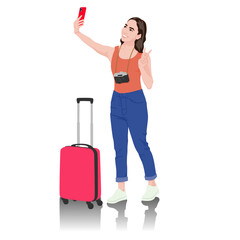 Young woman tourist with camera and smartphone taking selfie. Girl in casual clothes with a suitcase. Female traveler goes on a journey. Vector illustration isolated on white