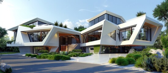 Stylish contemporary villa with a bold design, featuring geometric shapes, large windows, and a rooftop garden. The villa has a beautiful driveway and is surrounded by a lush landscape.