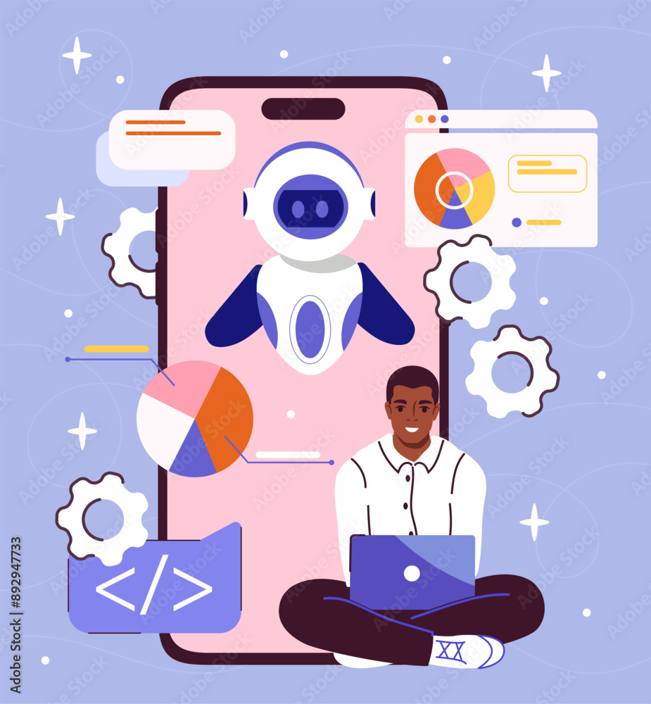Poster man with ai website. young guy sits near smartphone with internet bots. artificial intelligence and 