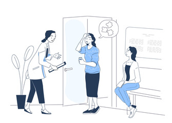 Patients with Alzheimer. Woman in medical uniform helps pensioner with headache. Senior with dementia and memory loss. Health care and medicine. Linear vector illustration isolated on white background