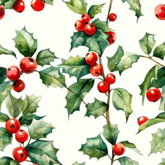 Watercolor holly and berries seamless repeating pattern, minimal pattern, high contrasty 