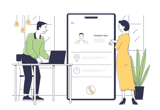 Appointment business application. Man and woman near smartphone fill out form. Planning, scheduling and time management, organizing effective work process. Linear vector illustration