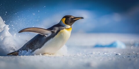 Fototapeta premium Penguin sliding gracefully on the glistening snow, penguin, winter, fluffy, cute, arctic, cold, icy, slide, play