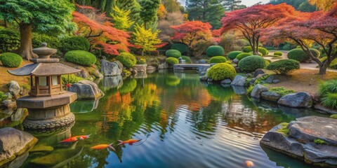 Tranquil Japanese garden with stone lanterns, vibrant foliage, and koi pond, serene, peaceful, zen, traditional, nature