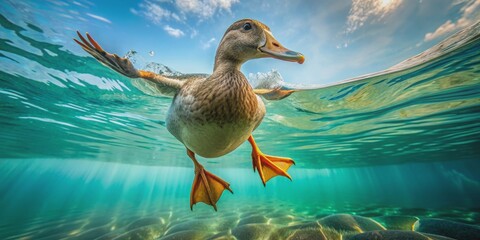 Underwater view of duck's webbed feet paddling gracefully on surface, duck, webbed feet, underwater, perspective, wildlife, aquatic