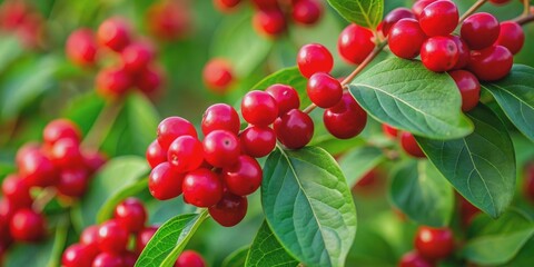 Close-up of ripe red berries of forest honeysuckle , forest, honeysuckle, berries, red, ripe, close-up, vibrant, natural, nature