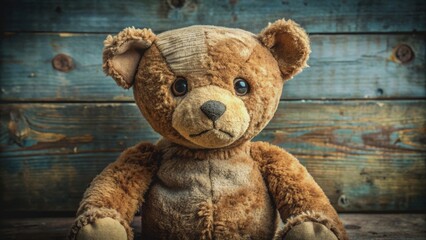 Obraz premium A weathered, vintage teddy bear with patches and missing eyes, old, vintage, teddy bear, stuffed animal, childhood, nostalgia