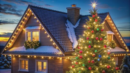 House with Christmas tree on roof and festive lights , Christmas, holiday, decoration, rooftop, house, lights, festive