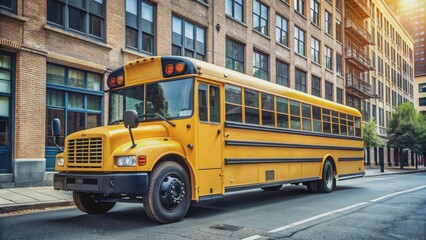 A yellow school bus parked on a city street , school bus, transportation, vehicle, yellow, street, urban, public transport, car