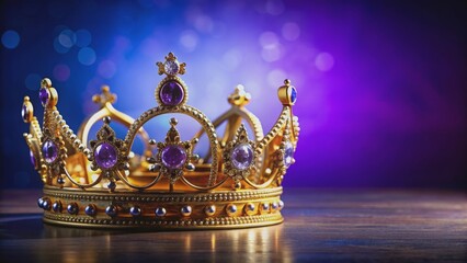 Fototapeta premium Royal gold coronation crown with diamonds on blue and purple background, royal, gold, coronation, crown, jewels, diamonds