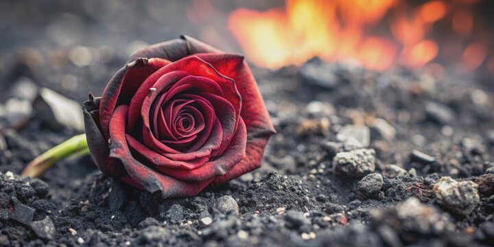 A burnt rose lying in a pile of ashes , burnt, rose, flower, ashes, destruction, loss, sadness, mourning, devastation, vintage