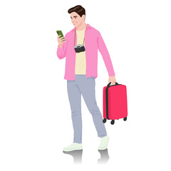 Young man tourist with camera and smartphone. Male in casual clothes with a suitcase. Young male traveler goes on a journey. Vector illustration isolated on white