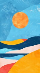 Abstract minimal summer horizontal poster, cover, banner, card with bright sun in the blue sky and modern typography. Summer holidays, journey, vacation travel illustration. Promo ads design template