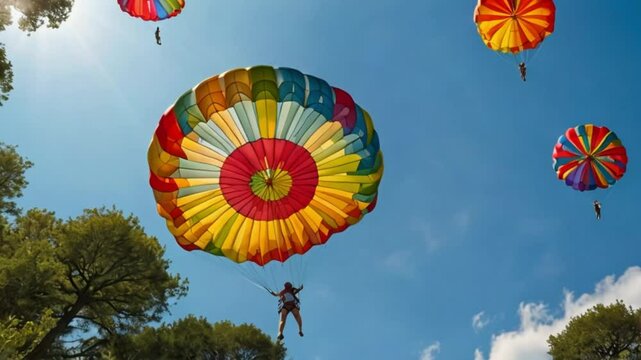 A parachute descending gracefully, its fabric billowing in the wind. This peaceful scene shows the parachute moving through the sky. The parachute's colourful panels are the focus of a realistic paint