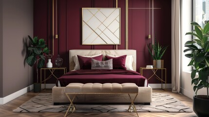 Trendy minimalist bedroom in maroon and beige with brass-accented wall art, showcasing modern and stylish decor.