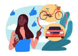 Woman choose bicycle. Young girl makes choice between car and electric transport. Eco friendly transport, reduction of hazardous waste emissions. Flat vector illustration isolated on white background