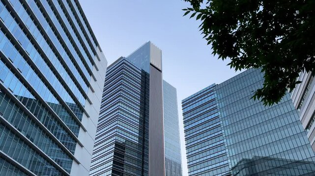 Tall modern office buildings against a clear sky, viewed from below