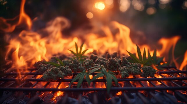 Close-up of a charcoal grill with cannabis phenotypes in golden sunlight. Cannabis nugs on a high heat grill.